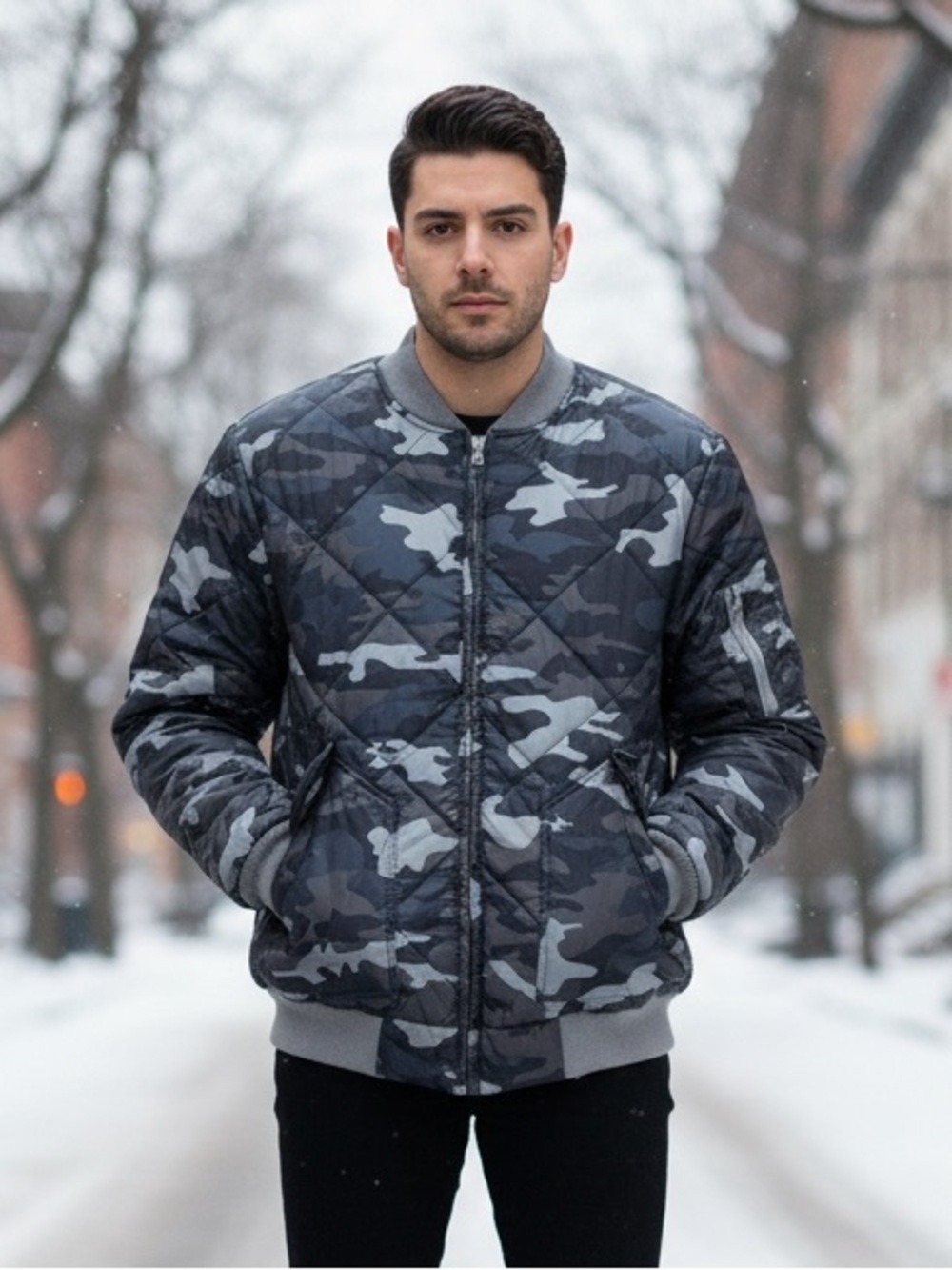 Route 66 Quilted Camo Bomber Jacket Large Gray Camouflage Gorpcore Puffer